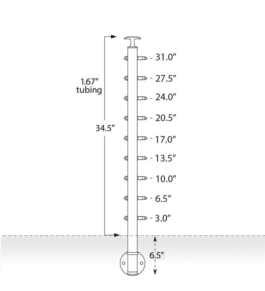 CS424/36/W - Fascia Mount 36" Post for 1/8" Cable and 1.67" Round Handrail