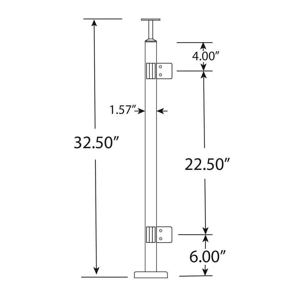 GS40/36/F/F - Floor Mount 36" Post for 3/8" or 1/2" Glass - FOR SQUARE HANDRAIL