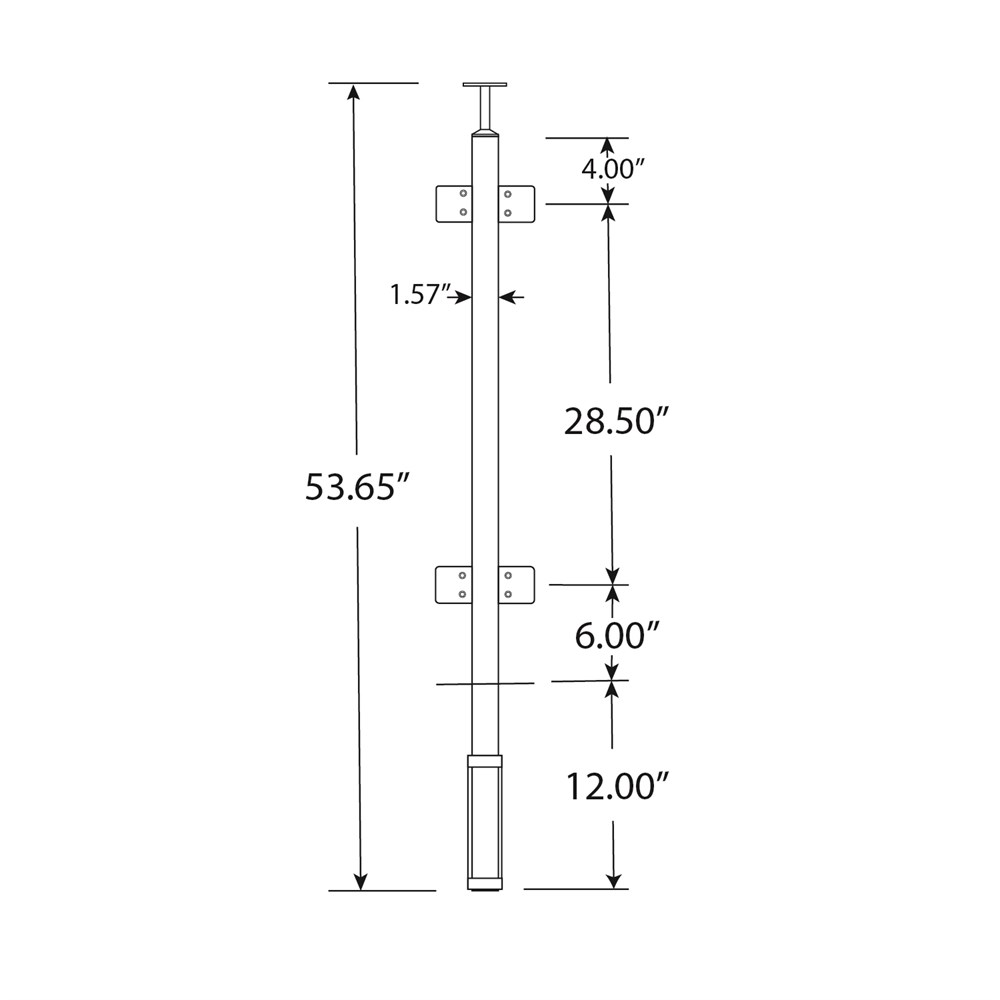 GS40/42/W - Fascia Mount 42" Post for 3/8" or 1/2" Glass - FOR ROUND HANDRAIL