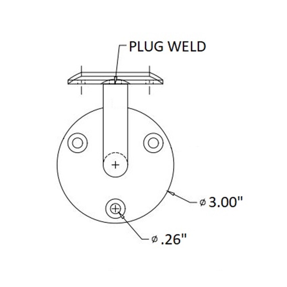 Wall Mount Handrail Bar Bracket with Three Mounting Holes, 2-1/2" Projection, Mill Steel