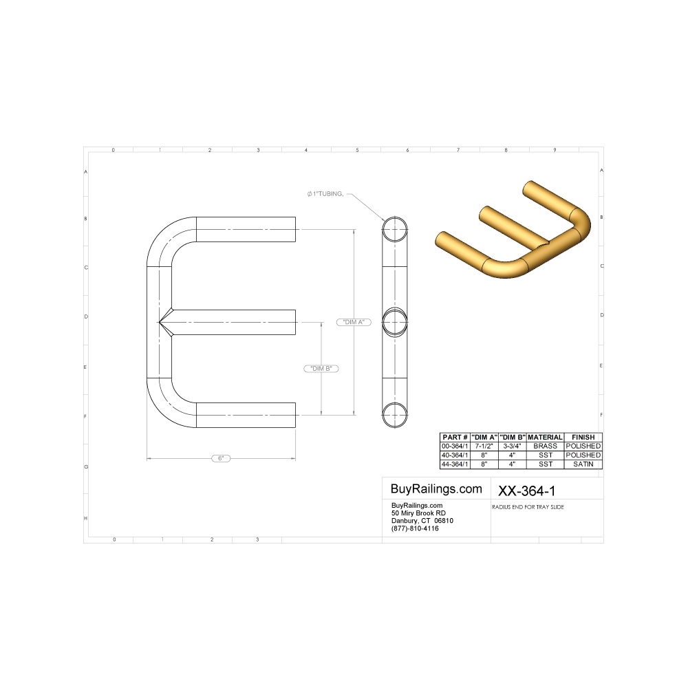 Polished Brass Radius End for Tray Slide  3 Rails  1" Tubing 