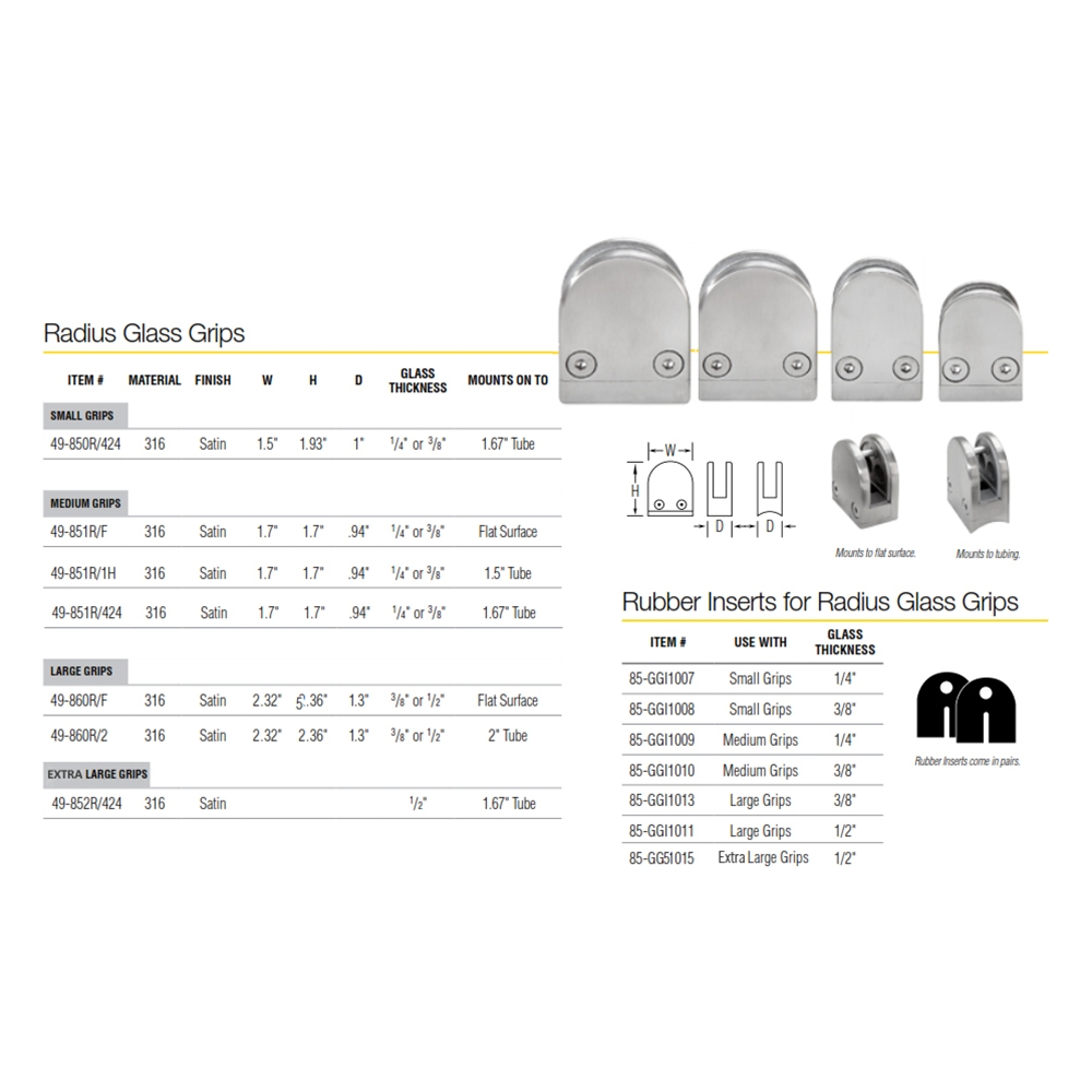 Radius Glass Grip - Satin Stainless Steel 316 for Small Grips Glass Thickness 3/8" or 1/2". Mounts to Flat Surface