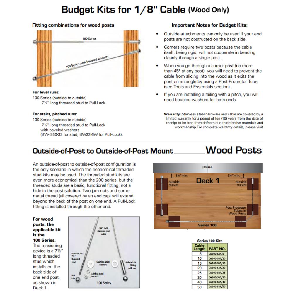 15 FT Standard 1/8" Cable Rail Kit Assembly for Wood Posts.