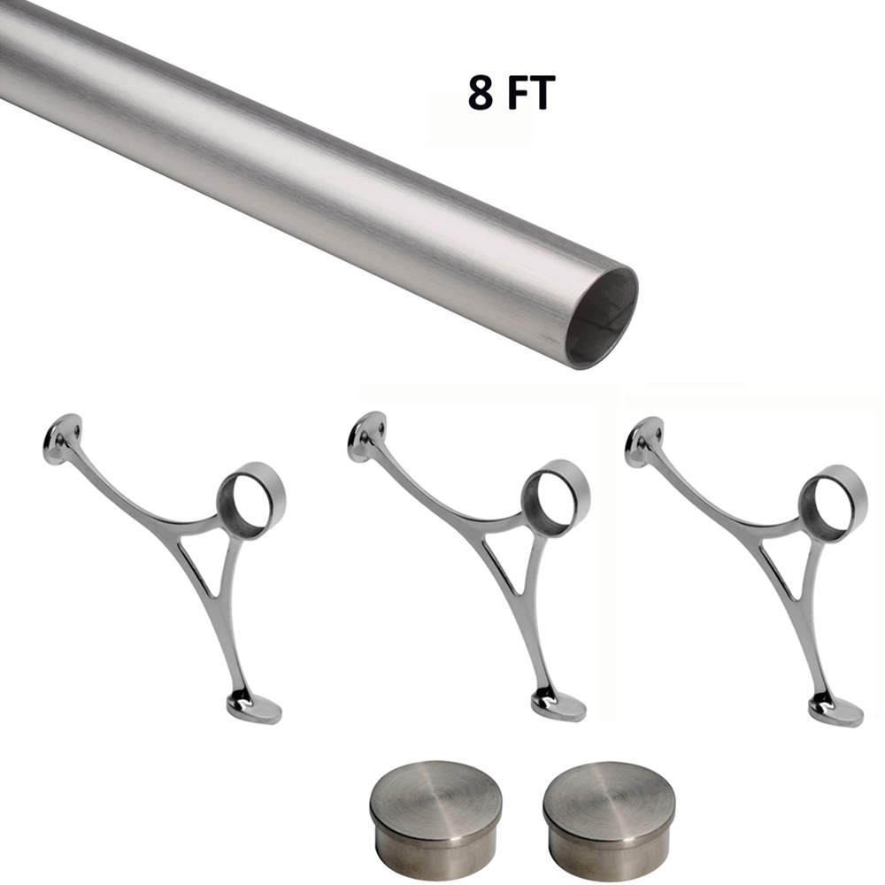 8 FT Satin (Brushed) Solid Stainless Steel Bar Foot Rail Kit