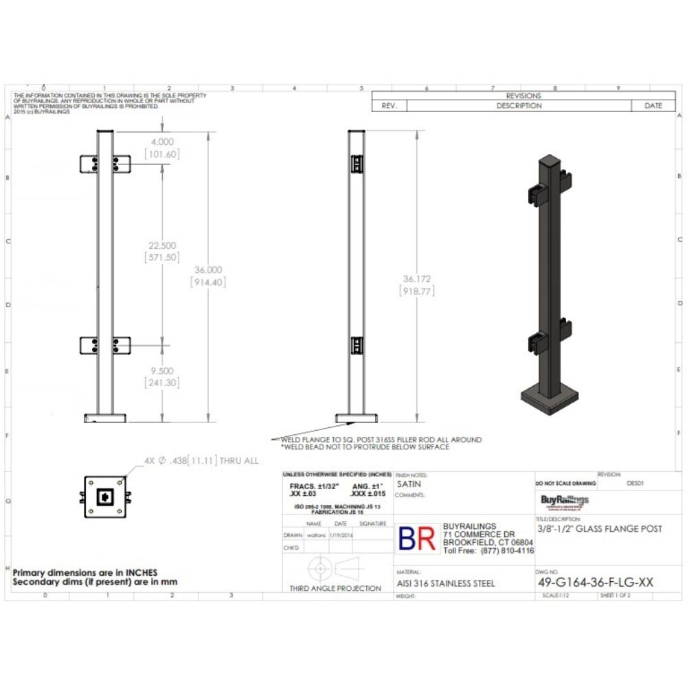 GS508/36 - 36" Square Post for 3/8" or 1/2" Glass