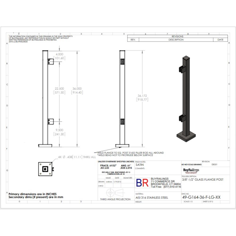 GS508/36 - 36" Square Post for 3/8" or 1/2" Glass