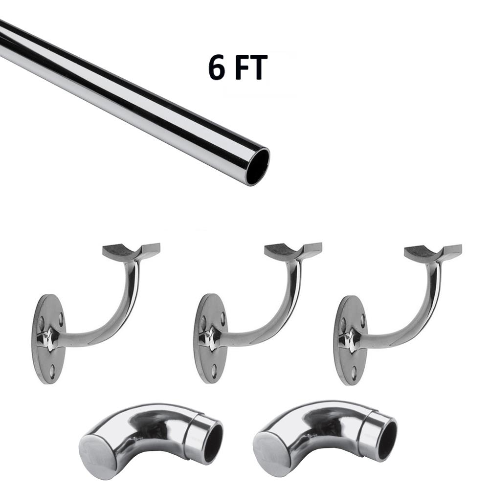 6 FT Round Polished Solid Stainless Steel Hand Rail Kit