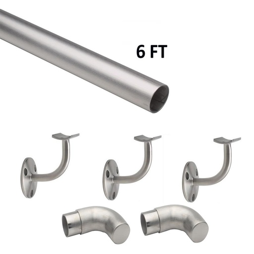 [LB-44-HR1006/1H] 6 FT Round Satin (Brushed) Solid Stainless Steel Hand Rail Kit