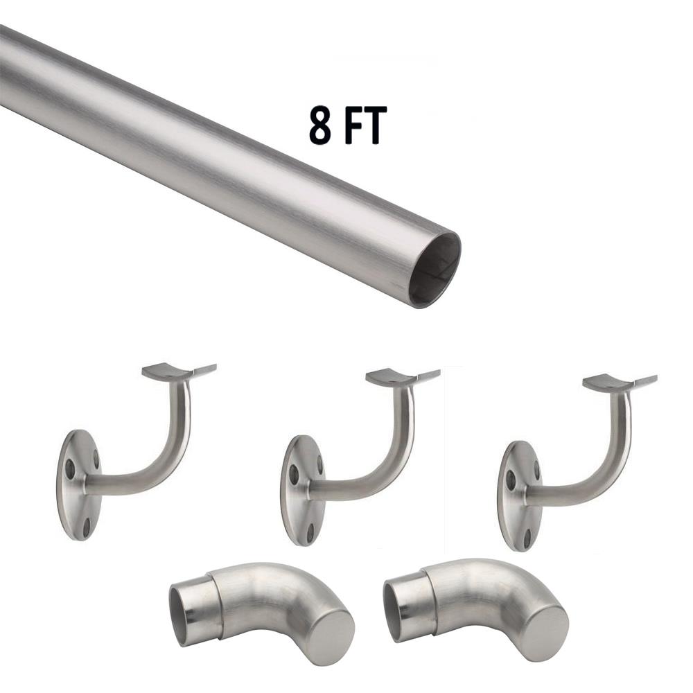 8 FT Round Satin (Brushed) Solid Stainless Steel Hand Rail Kit