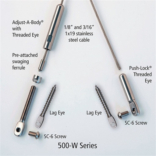 CA500W-MD - 3/16" Adjust-a-Body Thread Eye Cable Rail Kit - Series 500W For Wood Stair Posts